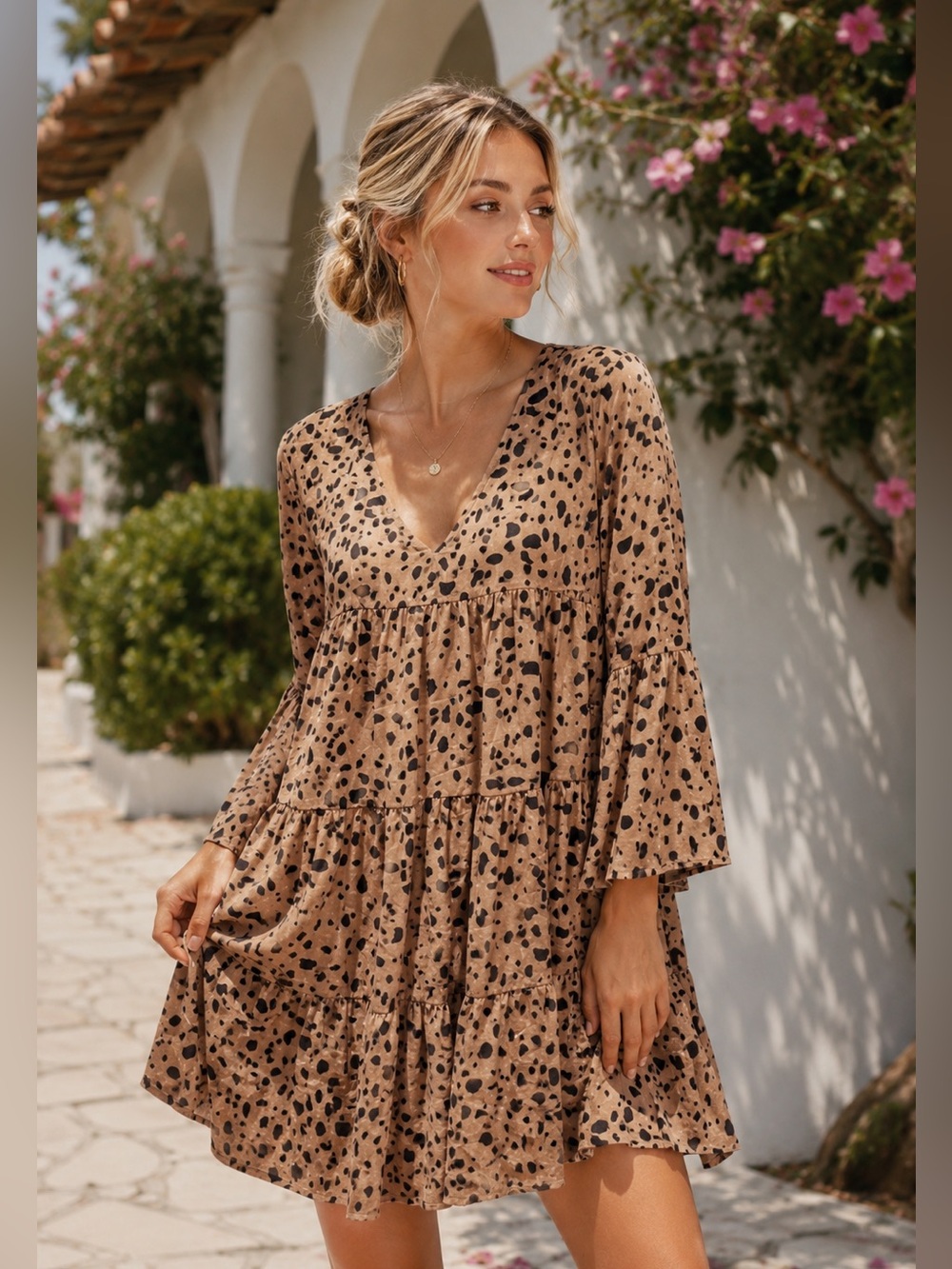 &Merci Chic Tiered Tan and Black Dress